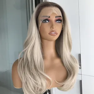 Ombre Blonde Wig Lace Front Wig with Pre plucked Glueless Synthetic Lace Wigs for Women Shoulder Length Ash Blonde Wig Layered Straight Wigs with Dark Roots Dairly Use Wig 20inch