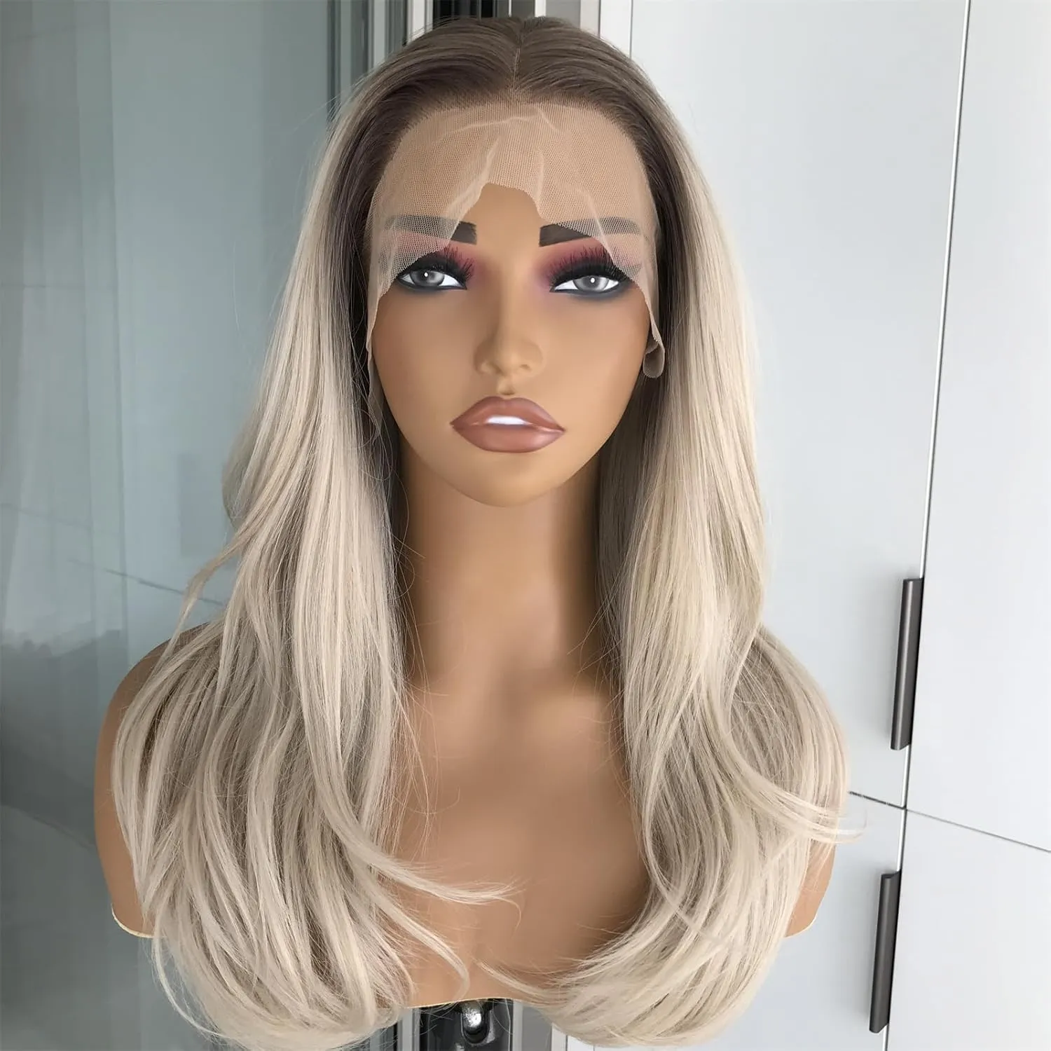 Ombre Blonde Wig Lace Front Wig with Pre plucked Glueless Synthetic Lace Wigs for Women Shoulder Length Ash Blonde Wig Layered Straight Wigs with Dark Roots Dairly Use Wig 20inch