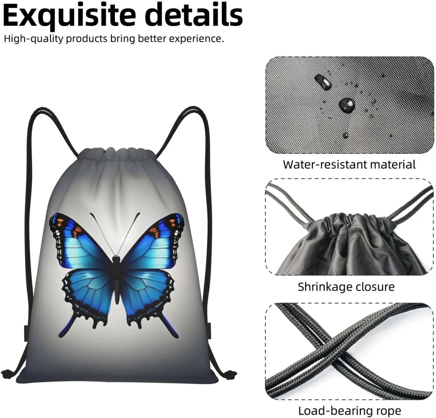 One Blue Butterfly Waterproof Drawstring Gym Backpack Bag For Men&Women,Sport Gym Sack Travel Daypack,Personalized