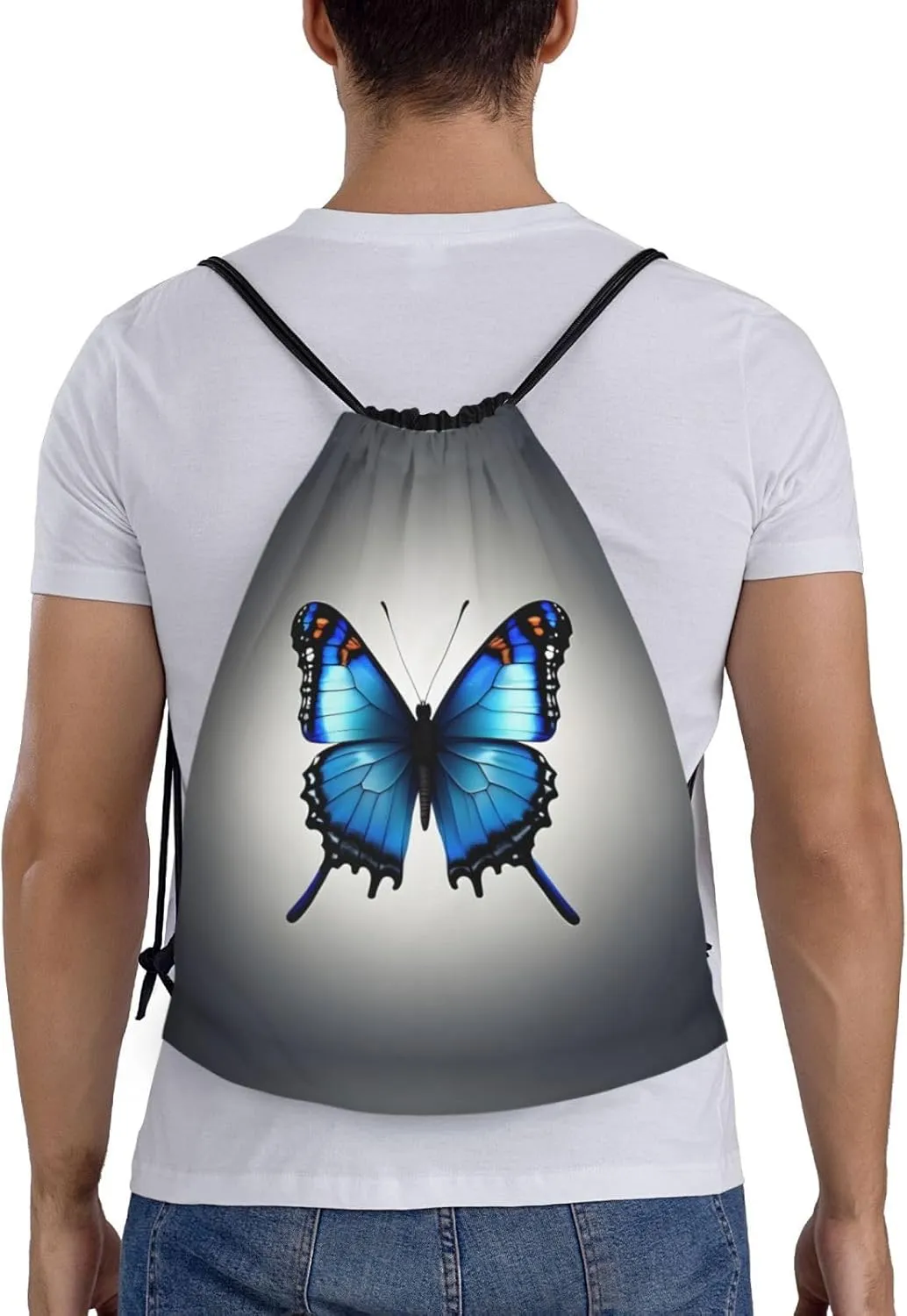 One Blue Butterfly Waterproof Drawstring Gym Backpack Bag For Men&Women,Sport Gym Sack Travel Daypack,Personalized