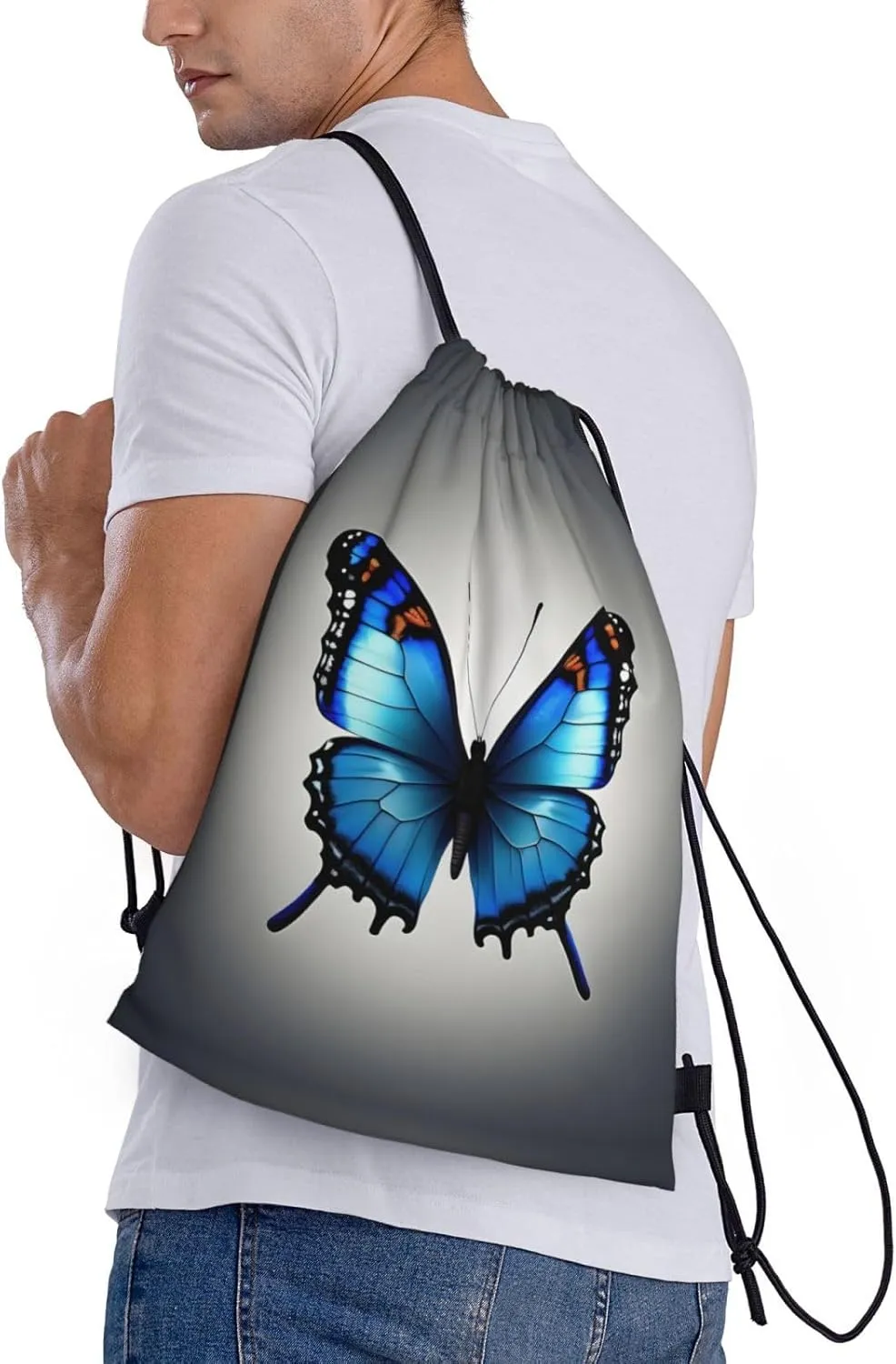 One Blue Butterfly Waterproof Drawstring Gym Backpack Bag For Men&Women,Sport Gym Sack Travel Daypack,Personalized