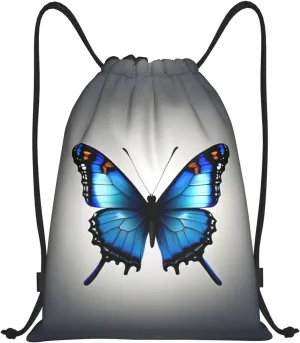 One Blue Butterfly Waterproof Drawstring Gym Backpack Bag For Men&Women,Sport Gym Sack Travel Daypack,Personalized