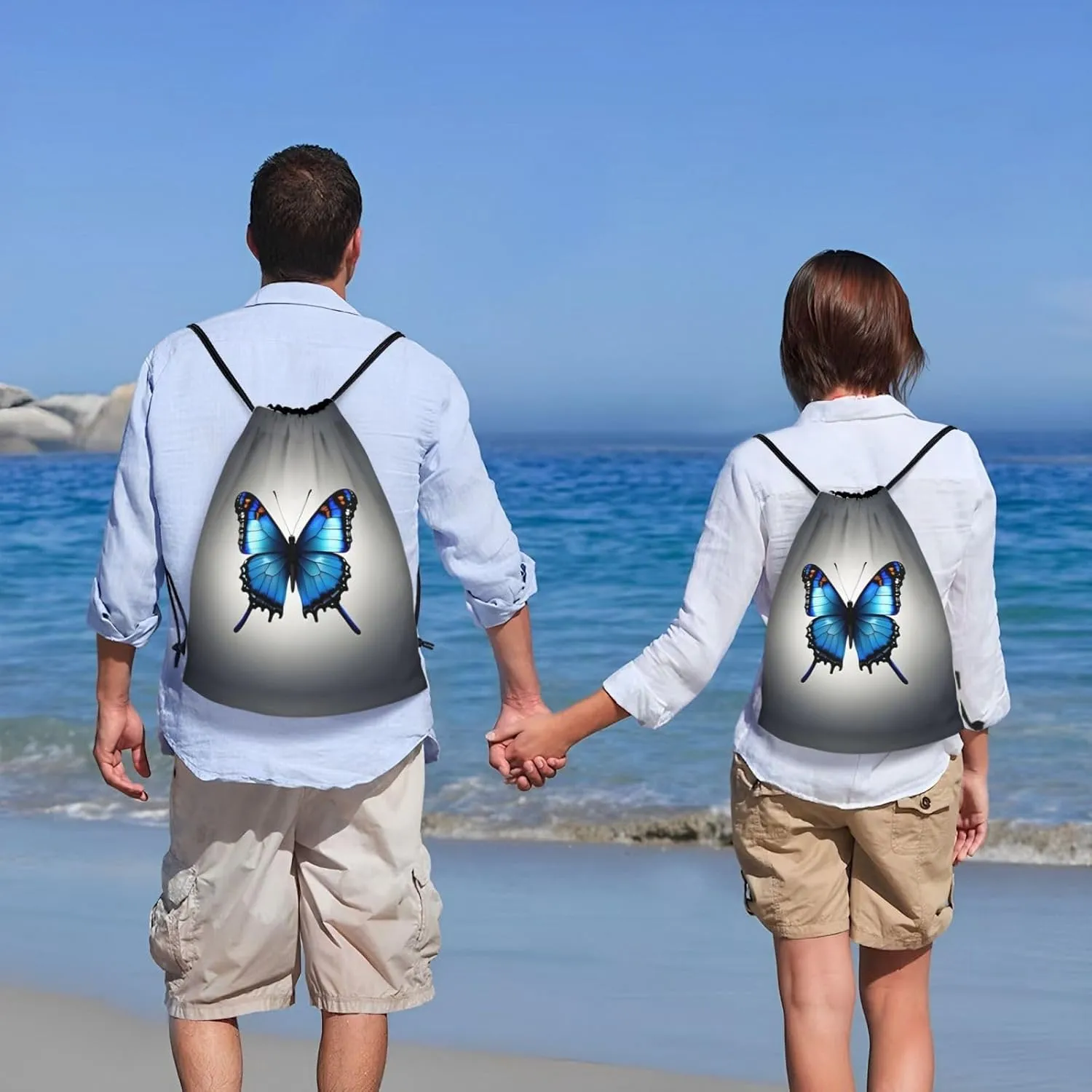 One Blue Butterfly Waterproof Drawstring Gym Backpack Bag For Men&Women,Sport Gym Sack Travel Daypack,Personalized