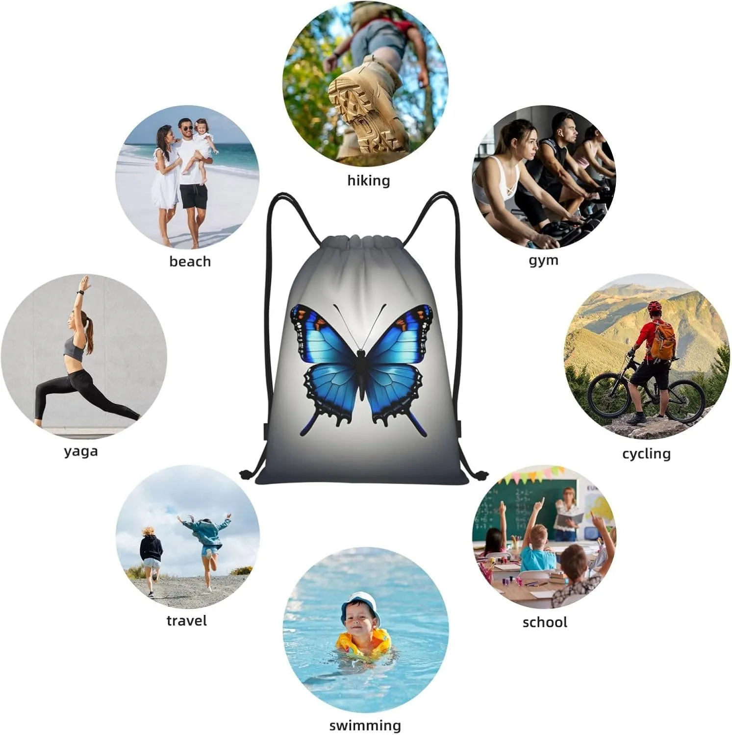 One Blue Butterfly Waterproof Drawstring Gym Backpack Bag For Men&Women,Sport Gym Sack Travel Daypack,Personalized