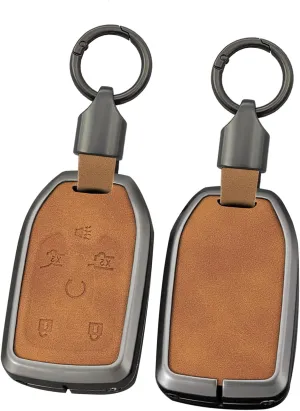 ontto 6-Button Key Fob Shell Fit for GMC Sierra 1500 2500HD 3500HD 2019-up Car Accessories,Metal Frame Key Cover Leather Key Bag,Antiscratched Car Key Case Fit for Chevrolet Suburban Tahoe,Brown