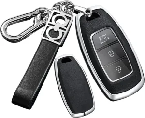 ontto Key Fob Case Metal Key Shell Leather Key Bag Smart Remote Key Fob Cover Fit for Hyundai I30 Ix35 Encino Azera Solaris Kona Solaris Grandeur Ig Accent Santa Fe Palisade Black