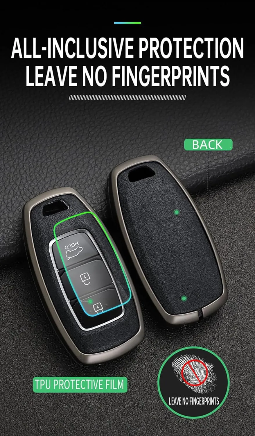 ontto Key Fob Case Metal Key Shell Leather Key Bag Smart Remote Key Fob Cover Fit for Hyundai I30 Ix35 Encino Azera Solaris Kona Solaris Grandeur Ig Accent Santa Fe Palisade Black