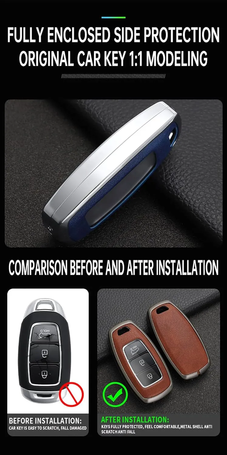 ontto Key Fob Case Metal Key Shell Leather Key Bag Smart Remote Key Fob Cover Fit for Hyundai I30 Ix35 Encino Azera Solaris Kona Solaris Grandeur Ig Accent Santa Fe Palisade Black