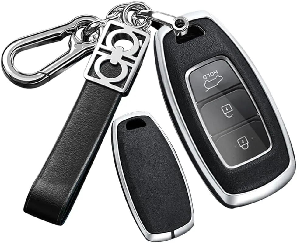 ontto Key Fob Case Metal Key Shell Leather Key Bag Smart Remote Key Fob Cover Fit for Hyundai I30 Ix35 Encino Azera Solaris Kona Solaris Grandeur Ig Accent Santa Fe Palisade Black