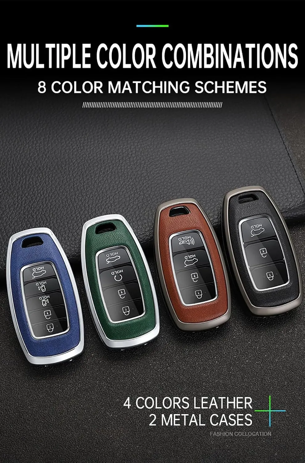 ontto Key Fob Case Metal Key Shell Leather Key Bag Smart Remote Key Fob Cover Fit for Hyundai I30 Ix35 Encino Azera Solaris Kona Solaris Grandeur Ig Accent Santa Fe Palisade Black