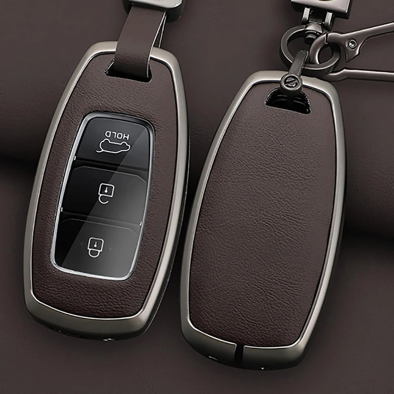 ontto Metal and Leather Key Fob Cover Case Holder Protector Fit for Hyundai i30 ix25 Ix35 Kona Accent Azera Santa Fe Palisade