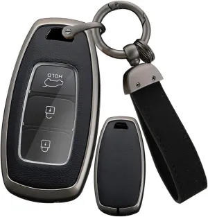 ontto Metal and Leather Key Fob Cover Case Holder Protector Fit for Hyundai i30 ix25 Ix35 Kona Accent Azera Santa Fe Palisade