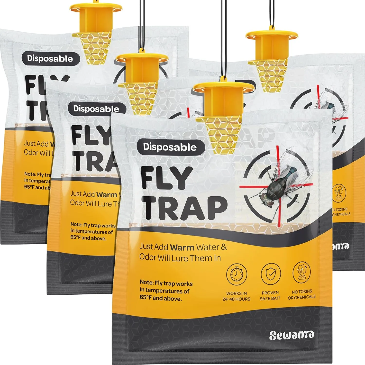 Outdoor Fly Trap Bags [Set of 4] Disposable Fly Traps Outdoor - Hanging Fly Traps with dissolvable Non-Toxic Bait - Bug Catcher Killer for All Flies for Outside Bug Control Patio, Barn and Ranch Etc