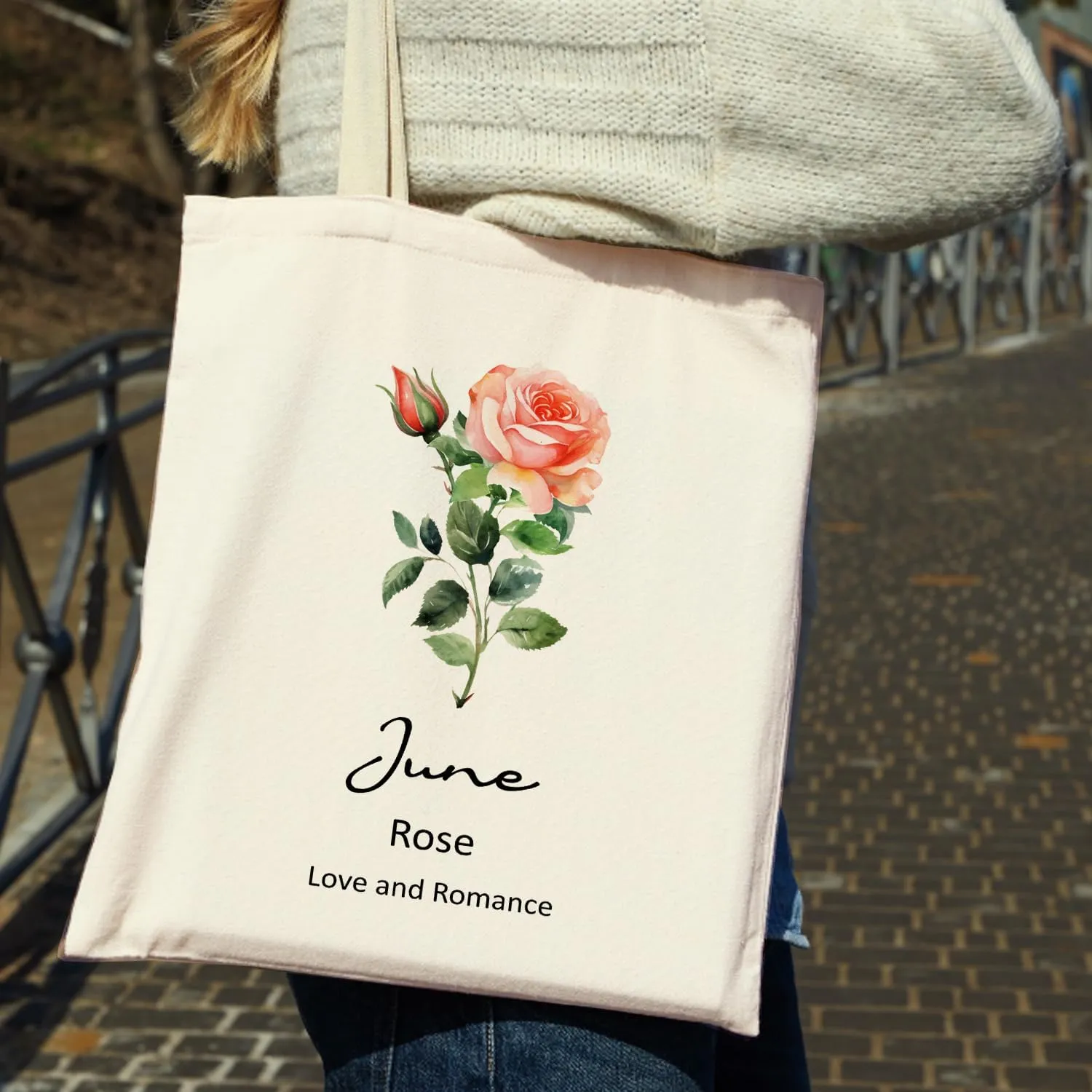 OUZ Birthday Flower Canvas Tote Bag, Birth Month Flower Personalized Gift for Her Mom Friend Birthday Graduation Christmas