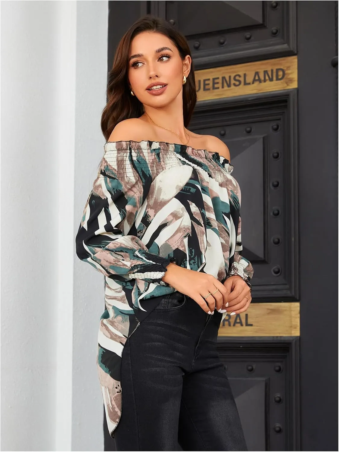 OYOANGLE Women's Off Shoulder High Low Tunic Tops Allover Print Long Puff Sleeve Blouse