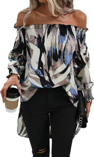 OYOANGLE Women's Off Shoulder High Low Tunic Tops Allover Print Long Puff Sleeve Blouse