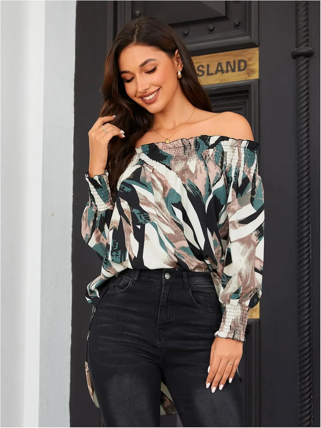 OYOANGLE Women's Off Shoulder High Low Tunic Tops Allover Print Long Puff Sleeve Blouse