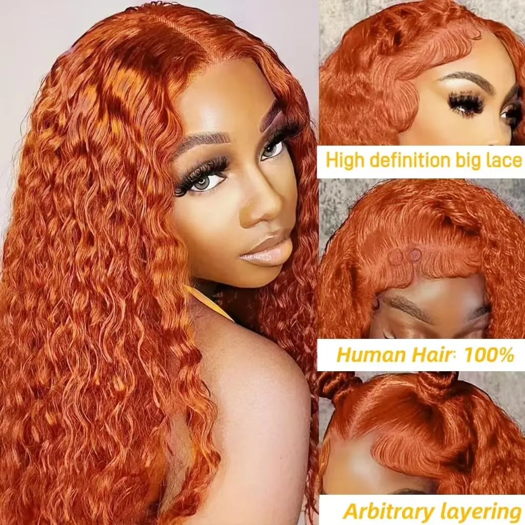 ozkan Ginger Orange Water Wave Lace Front Wigs Human Hair 13x6 Wig Human Hair Pre Plucked 200% Density 350 Ginger Wig for Women 20inch