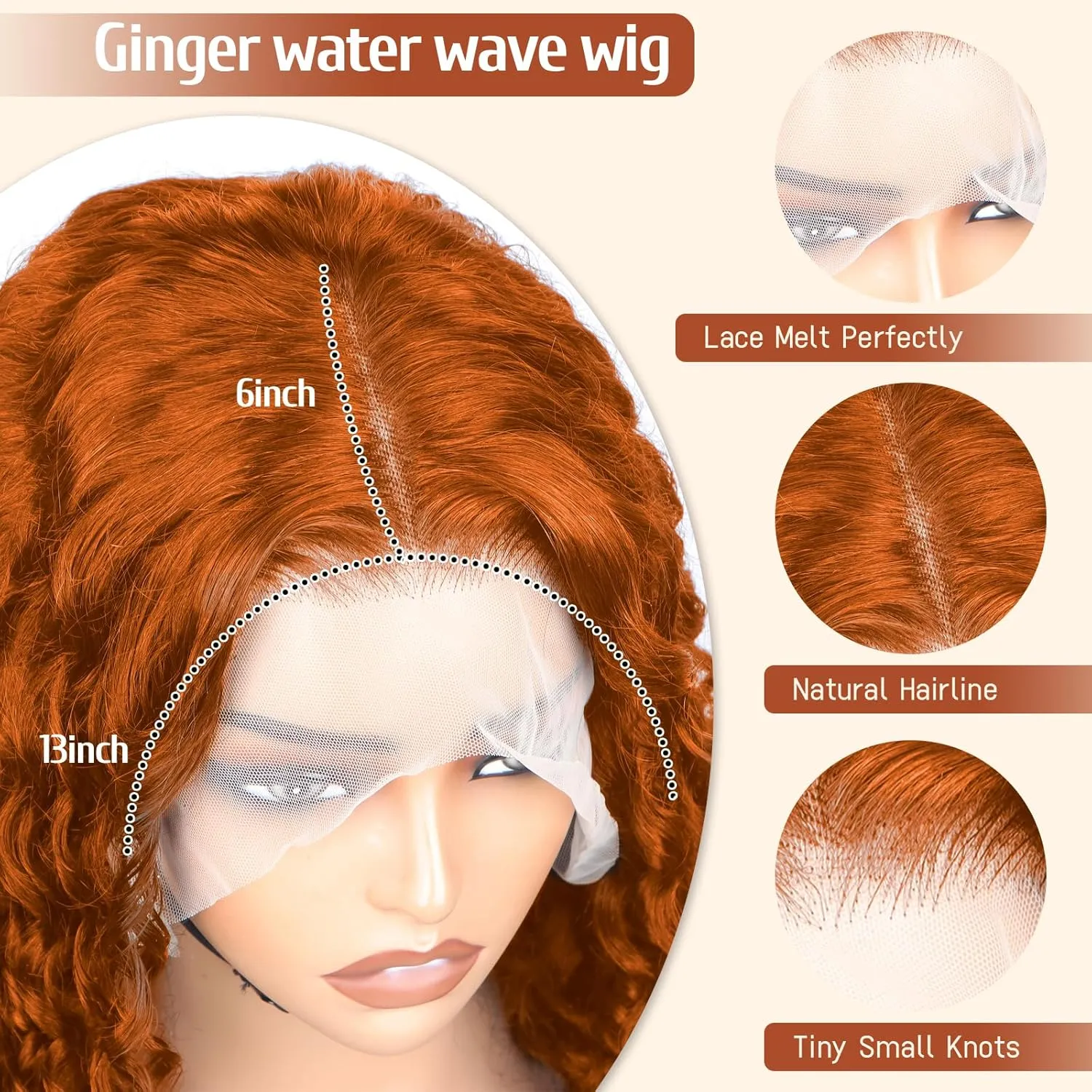 ozkan Ginger Orange Water Wave Lace Front Wigs Human Hair 13x6 Wig Human Hair Pre Plucked 200% Density 350 Ginger Wig for Women 20inch