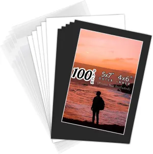 Pack of 100 5x7 Black Picture Mats Mattes with White Core Bevel Cut for 4x6 Photo   Back   Bags