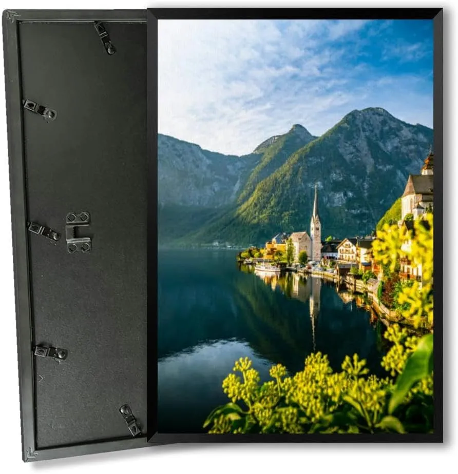 Panorama view famous old town Hallstatt and alpine deep blue lake tour Black Framed Canvas Wall Art for Bedroom Living Room Kitchen Bathroom Posters Prints Pictures Wall Decor Painting Artwork 16x24