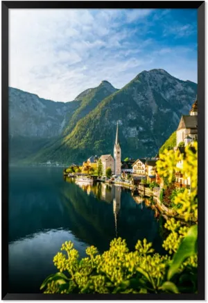 Panorama view famous old town Hallstatt and alpine deep blue lake tour Black Framed Canvas Wall Art for Bedroom Living Room Kitchen Bathroom Posters Prints Pictures Wall Decor Painting Artwork 16x24