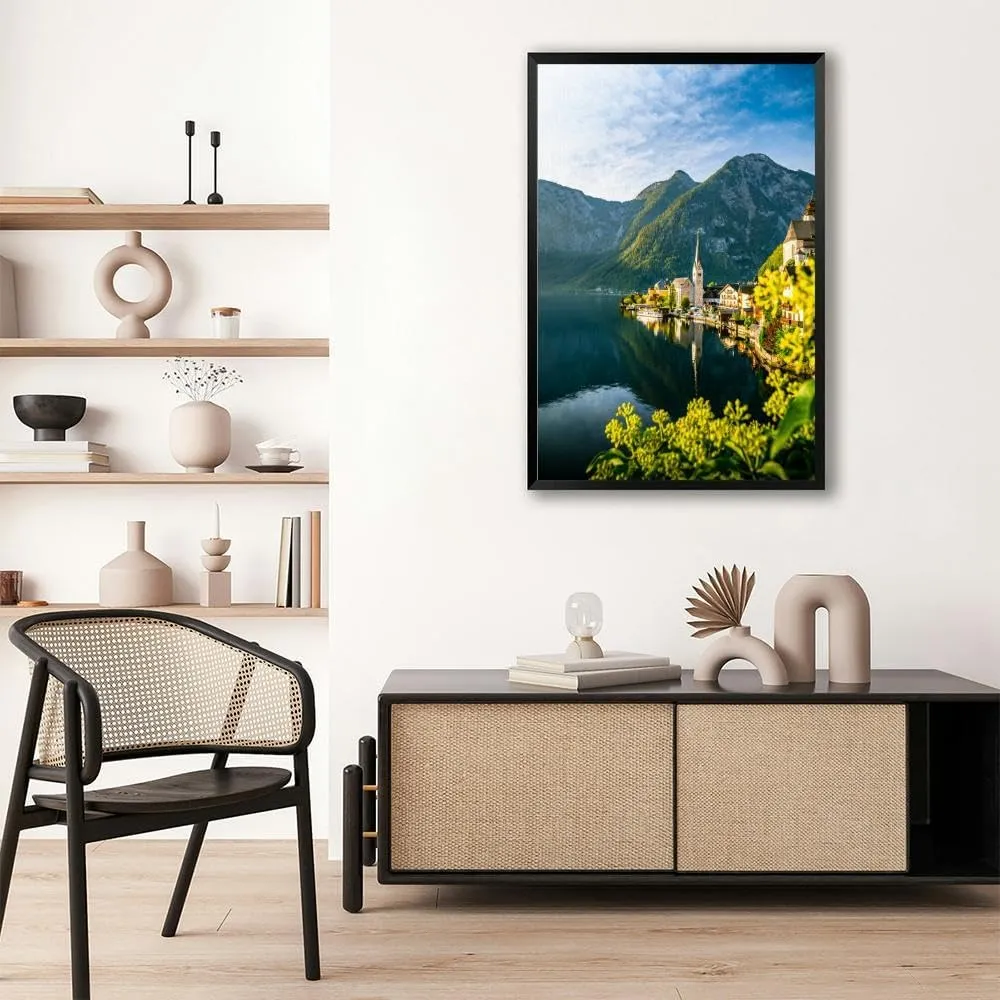 Panorama view famous old town Hallstatt and alpine deep blue lake tour Black Framed Canvas Wall Art for Bedroom Living Room Kitchen Bathroom Posters Prints Pictures Wall Decor Painting Artwork 16x24