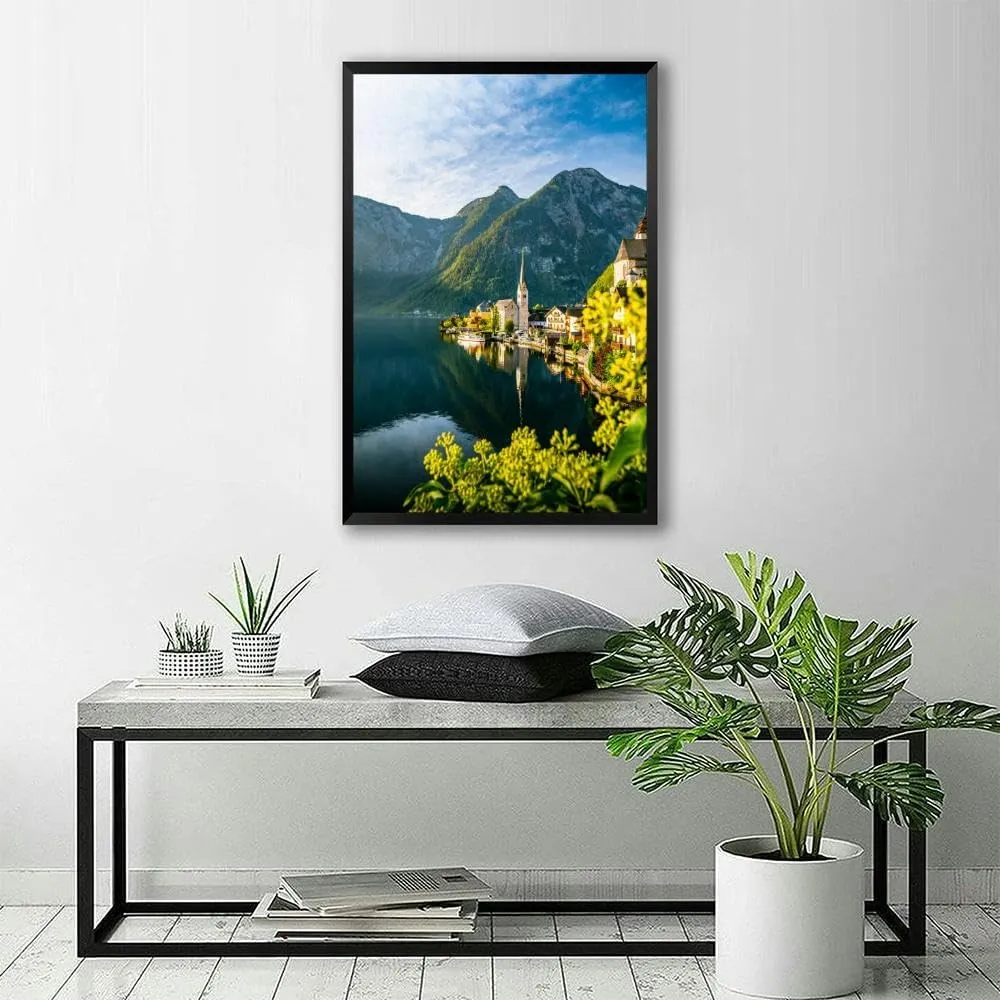 Panorama view famous old town Hallstatt and alpine deep blue lake tour Black Framed Canvas Wall Art for Bedroom Living Room Kitchen Bathroom Posters Prints Pictures Wall Decor Painting Artwork 16x24