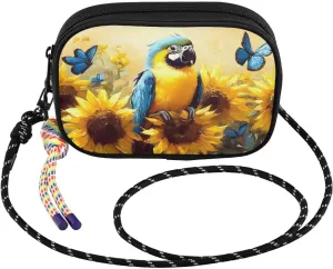 Parrot Butterfly Sunflower Crossbody Bags for Women Cell Phone Purses Women's Shoulder Handbag Wallet Purse with Rope Pendant