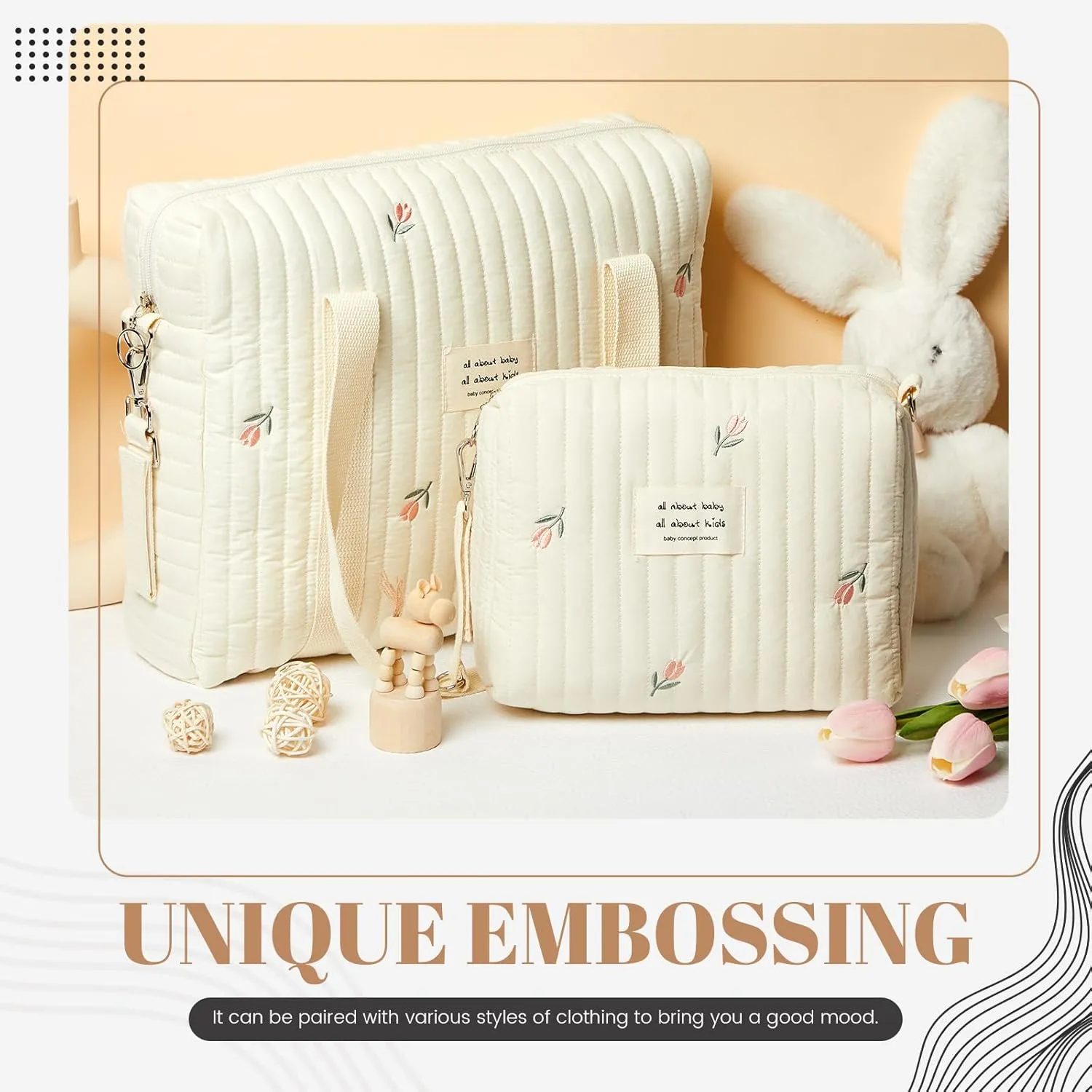 Paterr 2 Pcs Diaper Bag Tote for Women Multifunction Multisize Maternity Bag Quilted Cotton Cute Diaper Bag