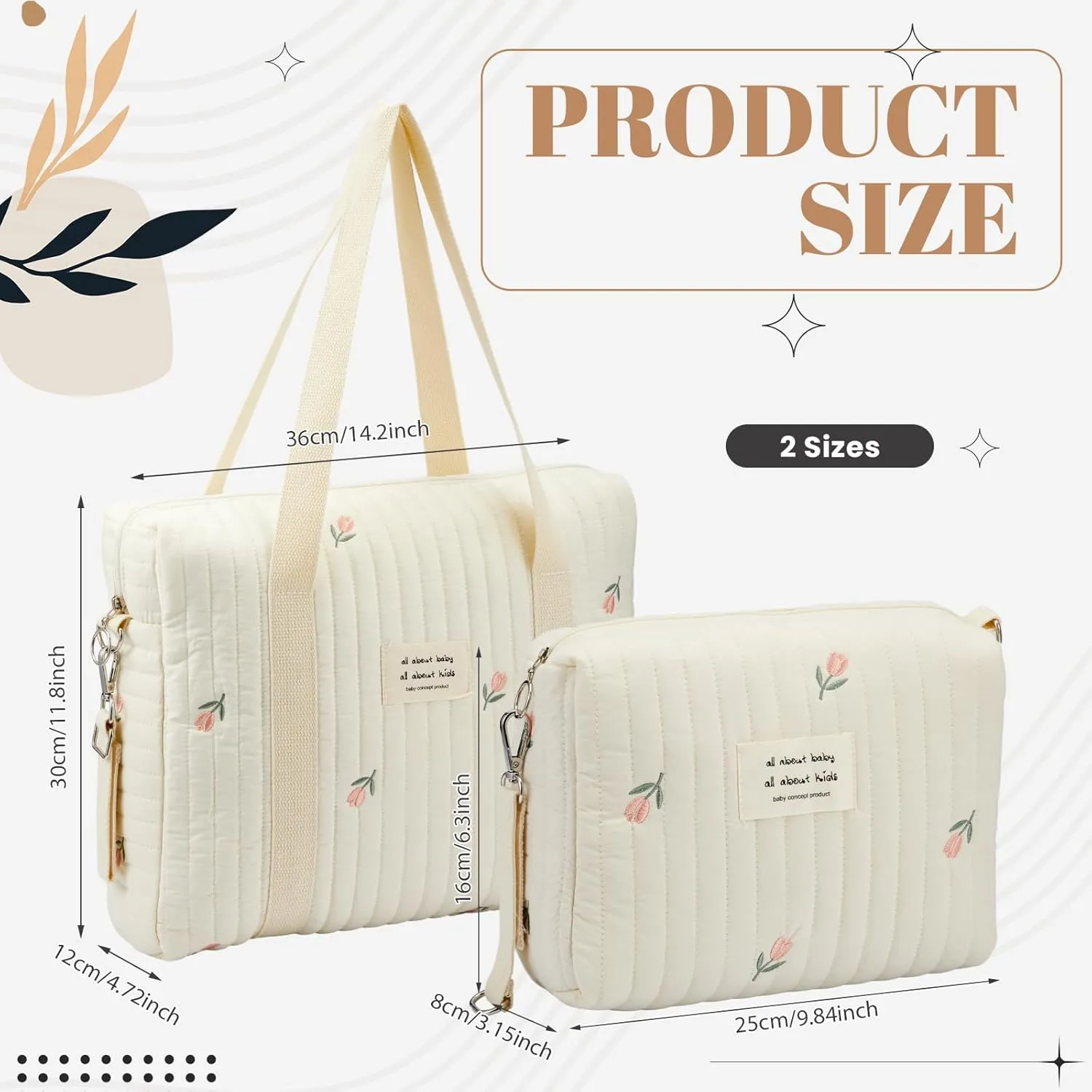 Paterr 2 Pcs Diaper Bag Tote for Women Multifunction Multisize Maternity Bag Quilted Cotton Cute Diaper Bag