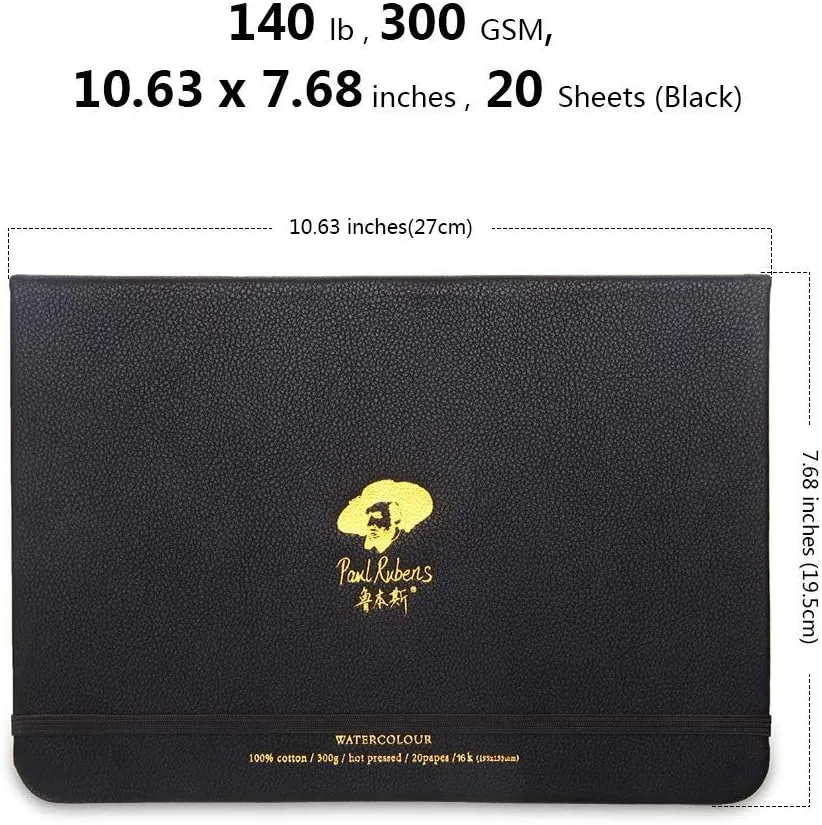 Paul Rubens Watercolor Paper Block, Artist Quality Hot Pressed Paper for Watercolors and Wet Media, Acid Free & 100% Cotton, 10.63 x 7.68 inches, 140lb, 20 Sheets (Black)
