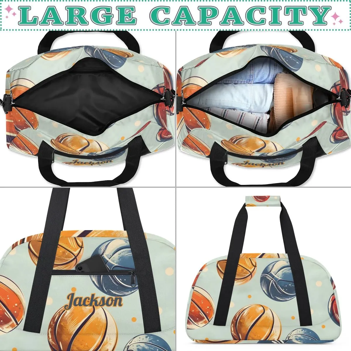 Personalized Basketball Duffel Bag for Boys, Custom Gym Bag Overnight Bags for Travel Weekender Practice