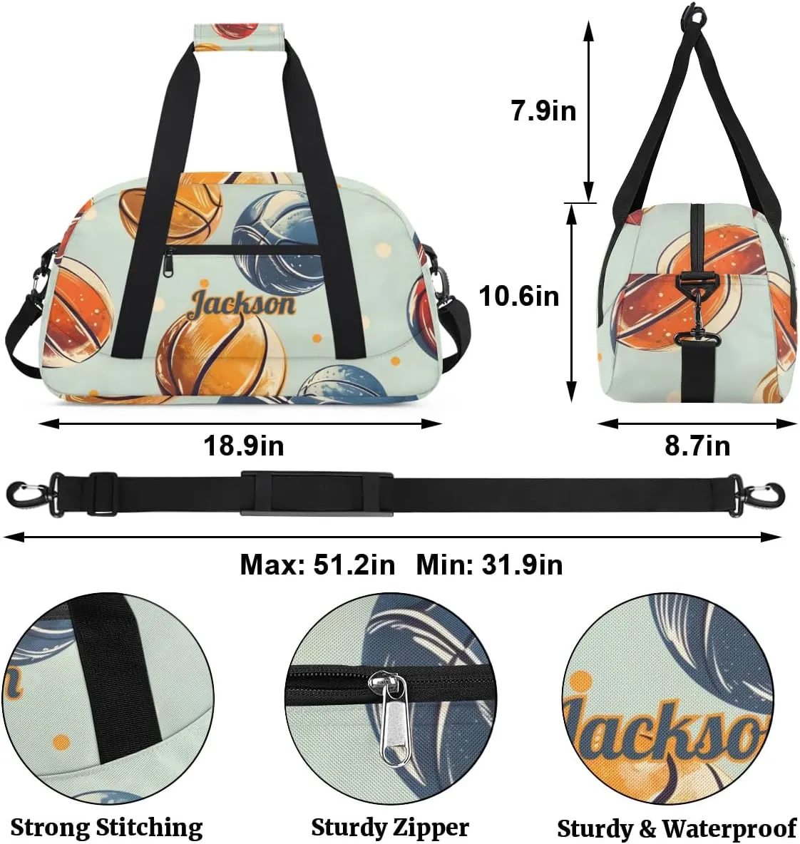 Personalized Basketball Duffel Bag for Boys, Custom Gym Bag Overnight Bags for Travel Weekender Practice