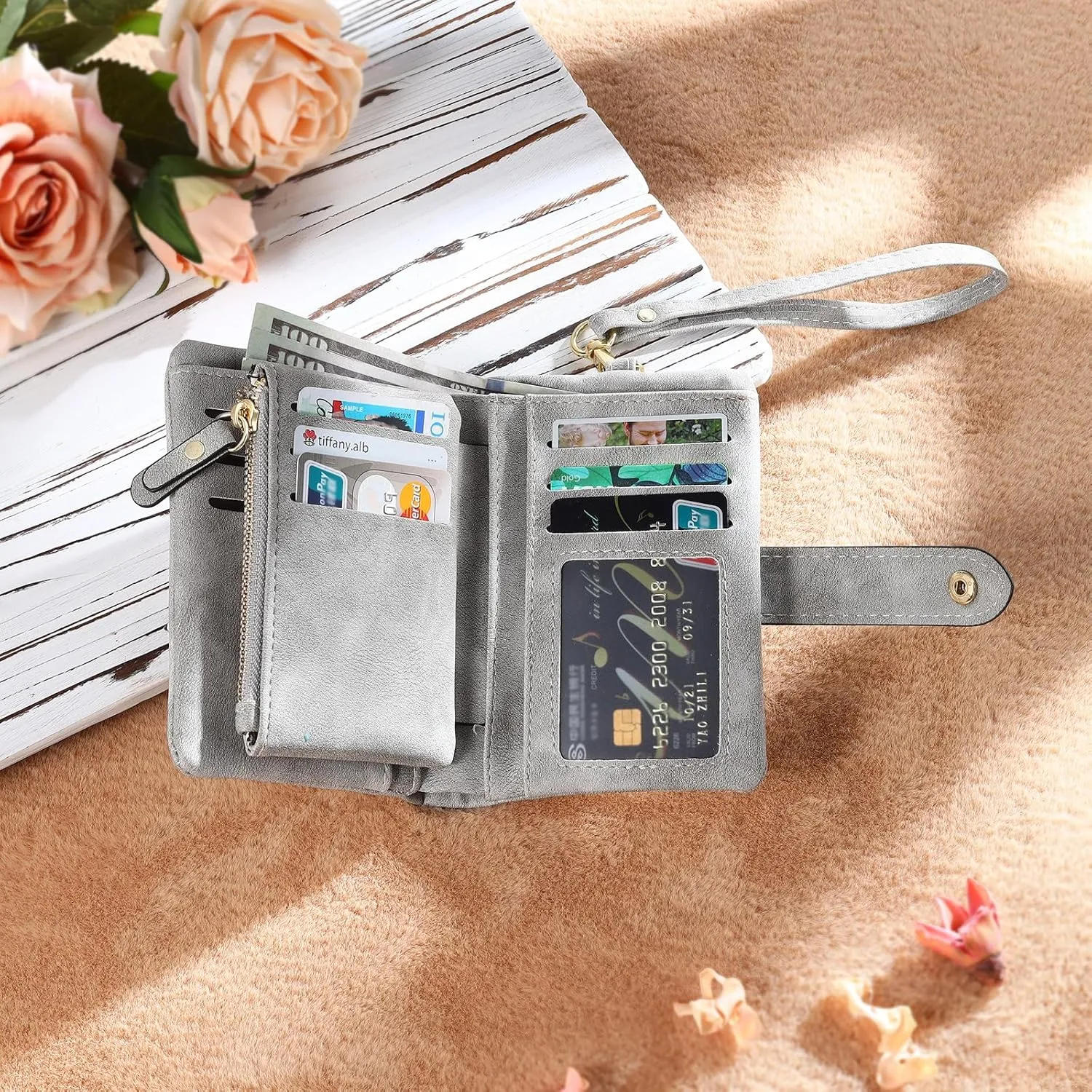 Personalized Birth Flower Wallet for Women Custom Wristlet Wallets with Name Small Leather Wallet Purse for Women Card Holder Wallet Gifts for Mom Grandma (Grey)