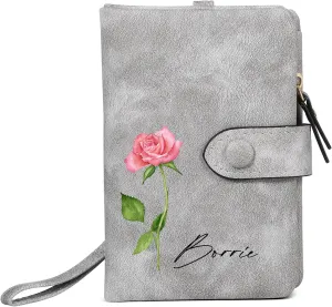 Personalized Birth Flower Wallet for Women Custom Wristlet Wallets with Name Small Leather Wallet Purse for Women Card Holder Wallet Gifts for Mom Grandma (Grey)