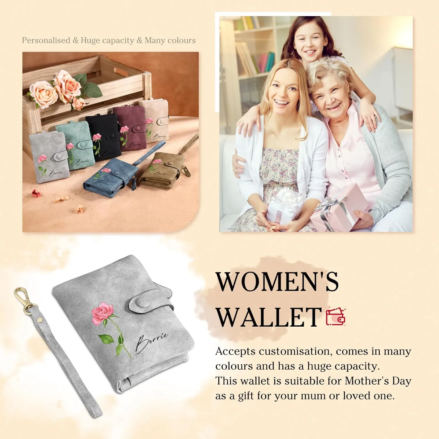 Personalized Birth Flower Wallet for Women Custom Wristlet Wallets with Name Small Leather Wallet Purse for Women Card Holder Wallet Gifts for Mom Grandma (Grey)