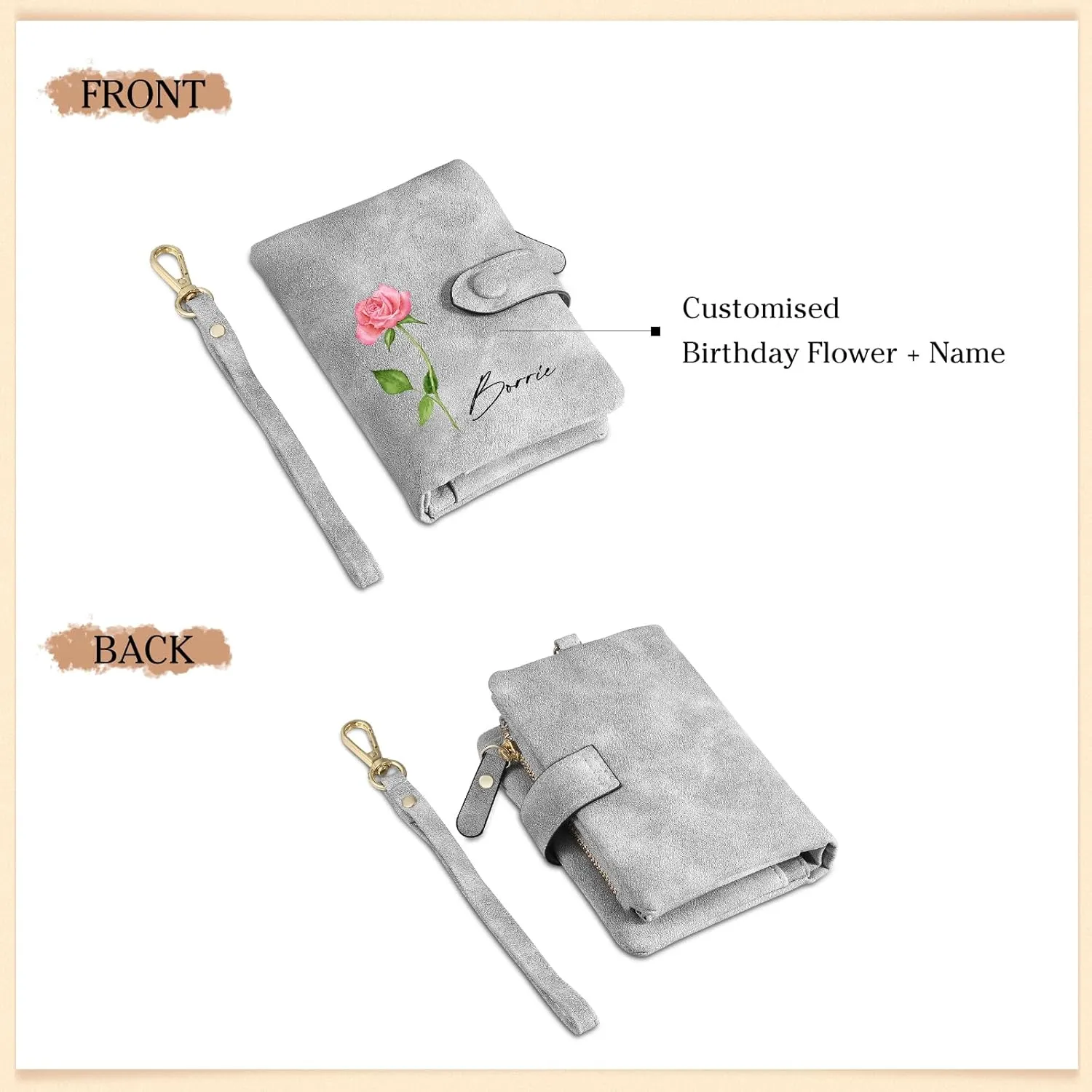 Personalized Birth Flower Wallet for Women Custom Wristlet Wallets with Name Small Leather Wallet Purse for Women Card Holder Wallet Gifts for Mom Grandma (Grey)