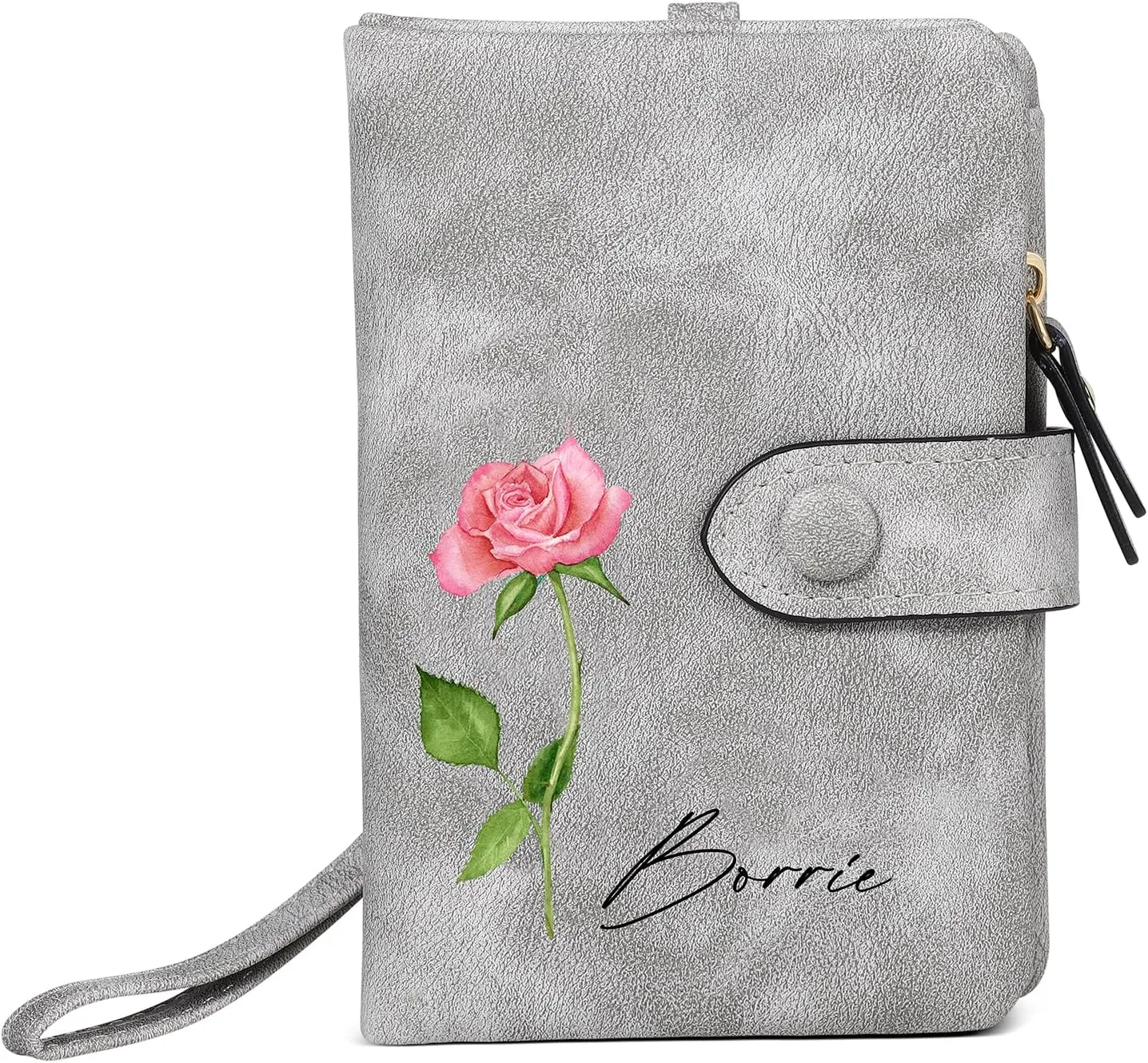 Personalized Birth Flower Wallet for Women Custom Wristlet Wallets with Name Small Leather Wallet Purse for Women Card Holder Wallet Gifts for Mom Grandma (Grey)