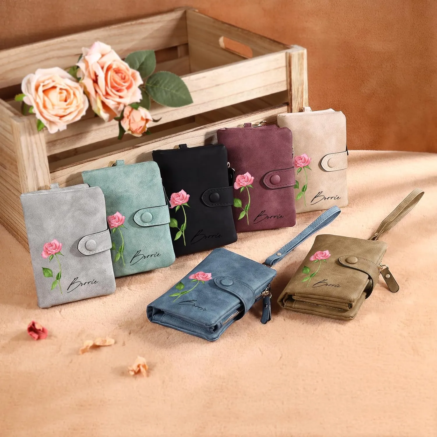 Personalized Birth Flower Wallet for Women Custom Wristlet Wallets with Name Small Leather Wallet Purse for Women Card Holder Wallet Gifts for Mom Grandma (Grey)