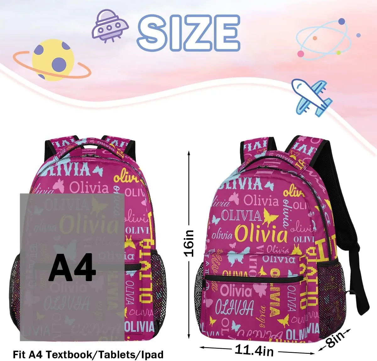 Personalized Butterfly Backpack with Name Custom Shoulder Bags for Women Men Waterproof Travel Casual Daypack Laptop Bag Gifts 16in, Berry