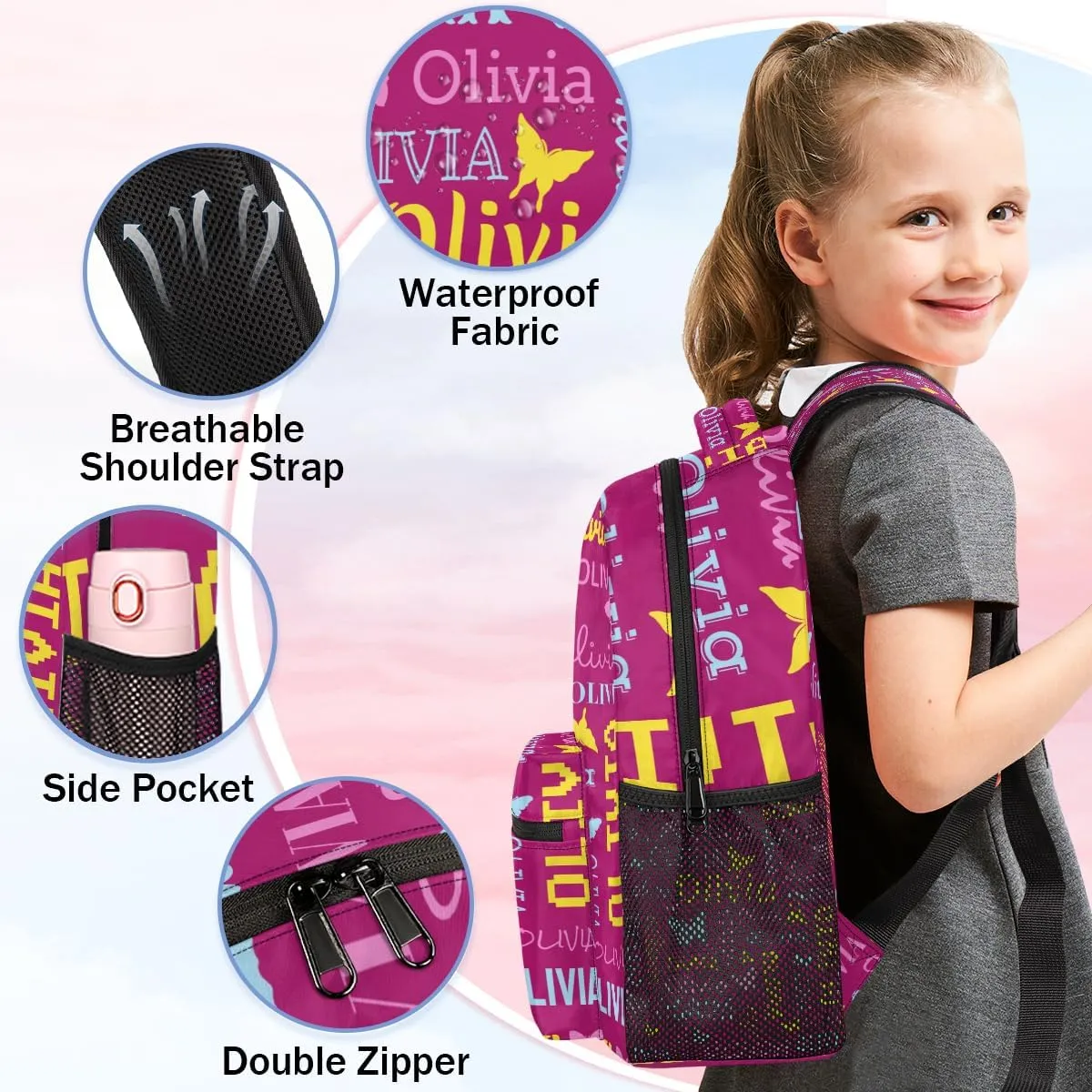 Personalized Butterfly Backpack with Name Custom Shoulder Bags for Women Men Waterproof Travel Casual Daypack Laptop Bag Gifts 16in, Berry