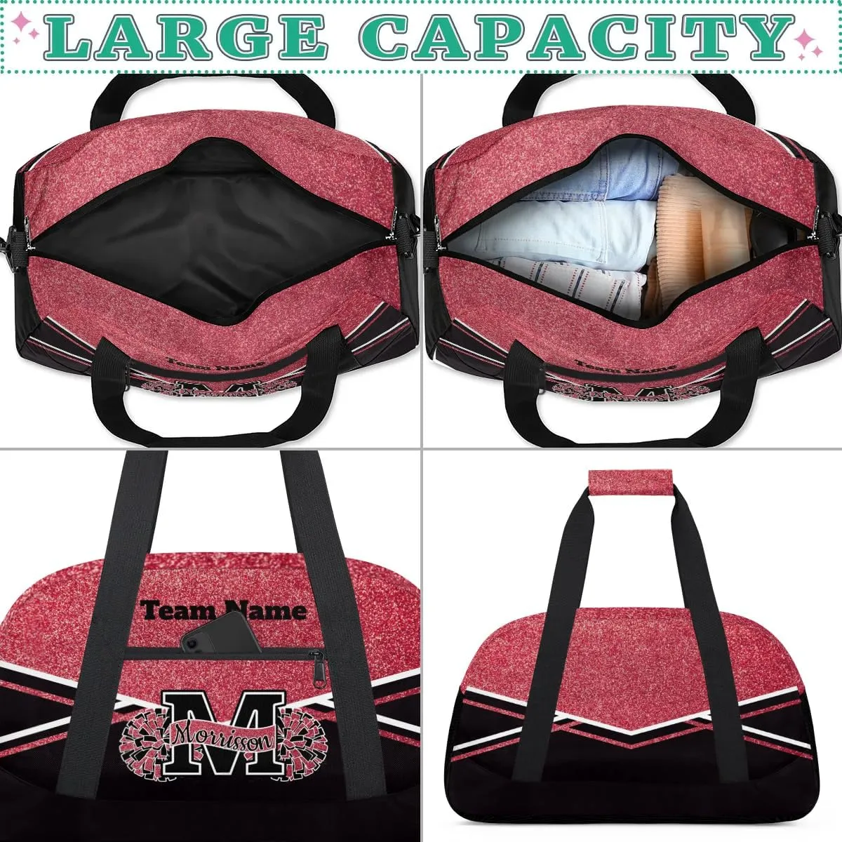 Personalized Cheerleader Bag Duffel Bag for Girls, Custom Cheer Bag Overnight Bags for Gymnastics Travel Weekender Dark Red
