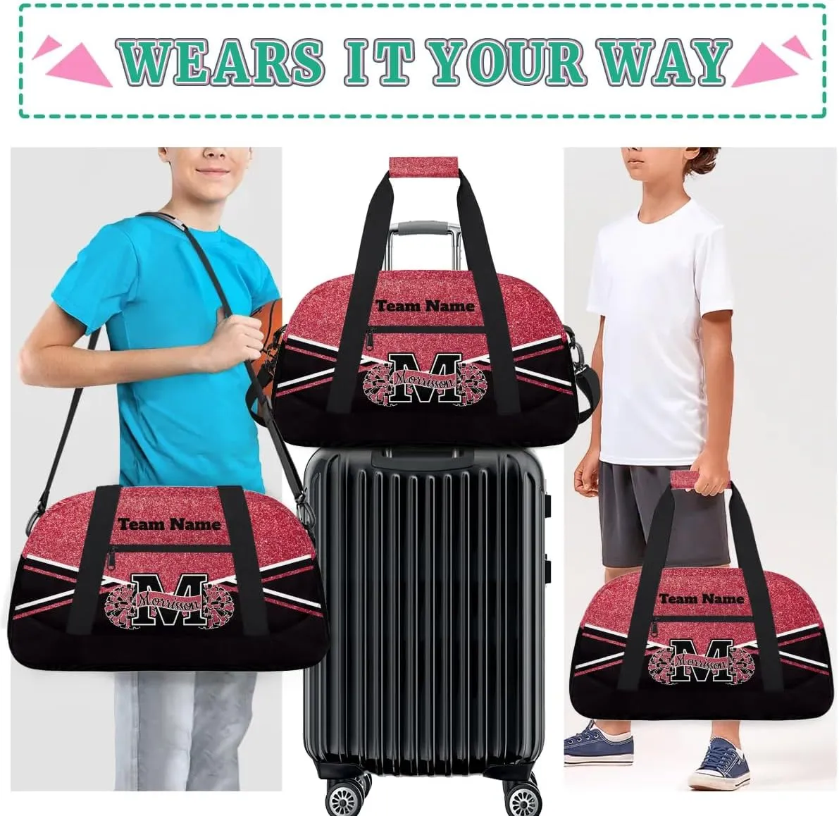 Personalized Cheerleader Bag Duffel Bag for Girls, Custom Cheer Bag Overnight Bags for Gymnastics Travel Weekender Dark Red