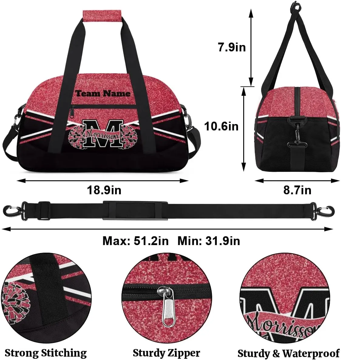 Personalized Cheerleader Bag Duffel Bag for Girls, Custom Cheer Bag Overnight Bags for Gymnastics Travel Weekender Dark Red