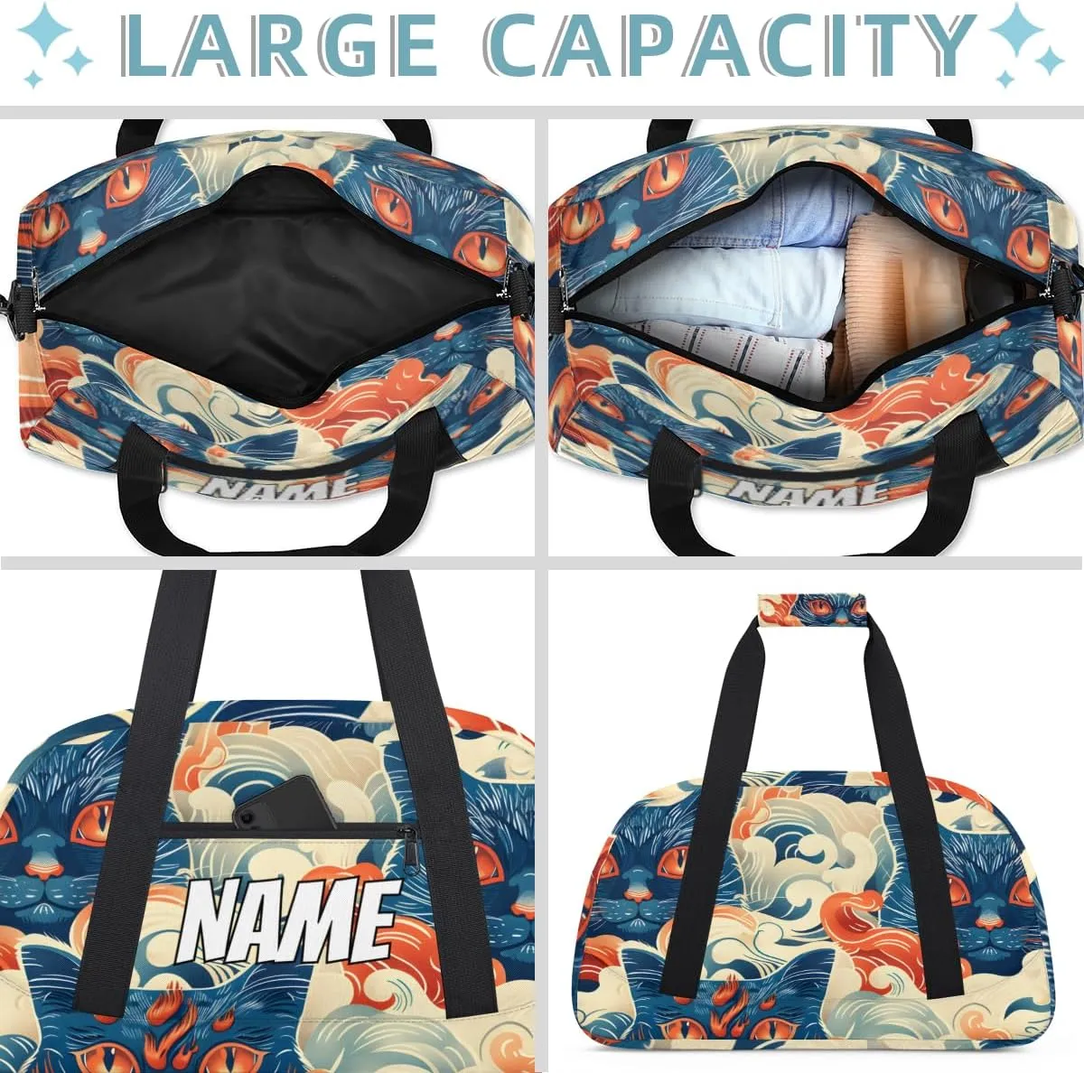 Personalized Custom Gym Bag for Women Men Carry on Cats Abstract Travel Duffel Tote Japanese Asian Overnight Workout Weekender Bag