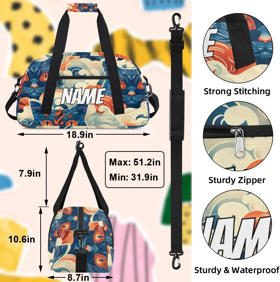 Personalized Custom Gym Bag for Women Men Carry on Cats Abstract Travel Duffel Tote Japanese Asian Overnight Workout Weekender Bag