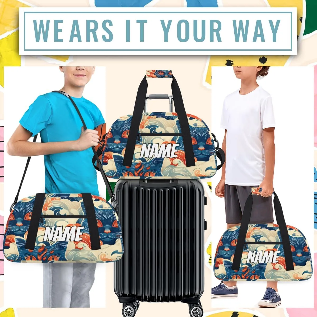 Personalized Custom Gym Bag for Women Men Carry on Cats Abstract Travel Duffel Tote Japanese Asian Overnight Workout Weekender Bag