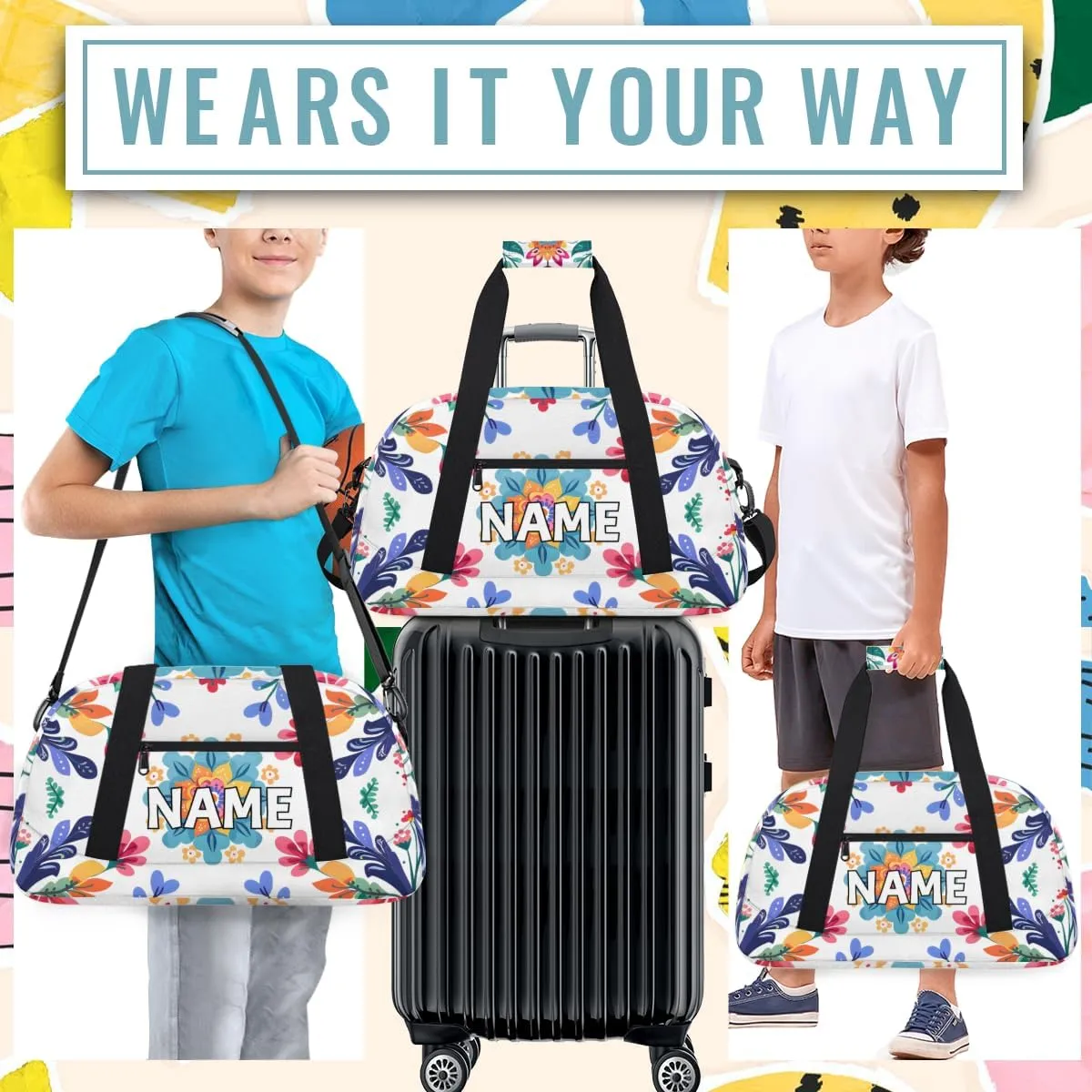 Personalized Custom Gym Bag for Women Men Carry on Colorful Floral Travel Duffel Tote Summer Flowers Overnight Workout Weekender Bag