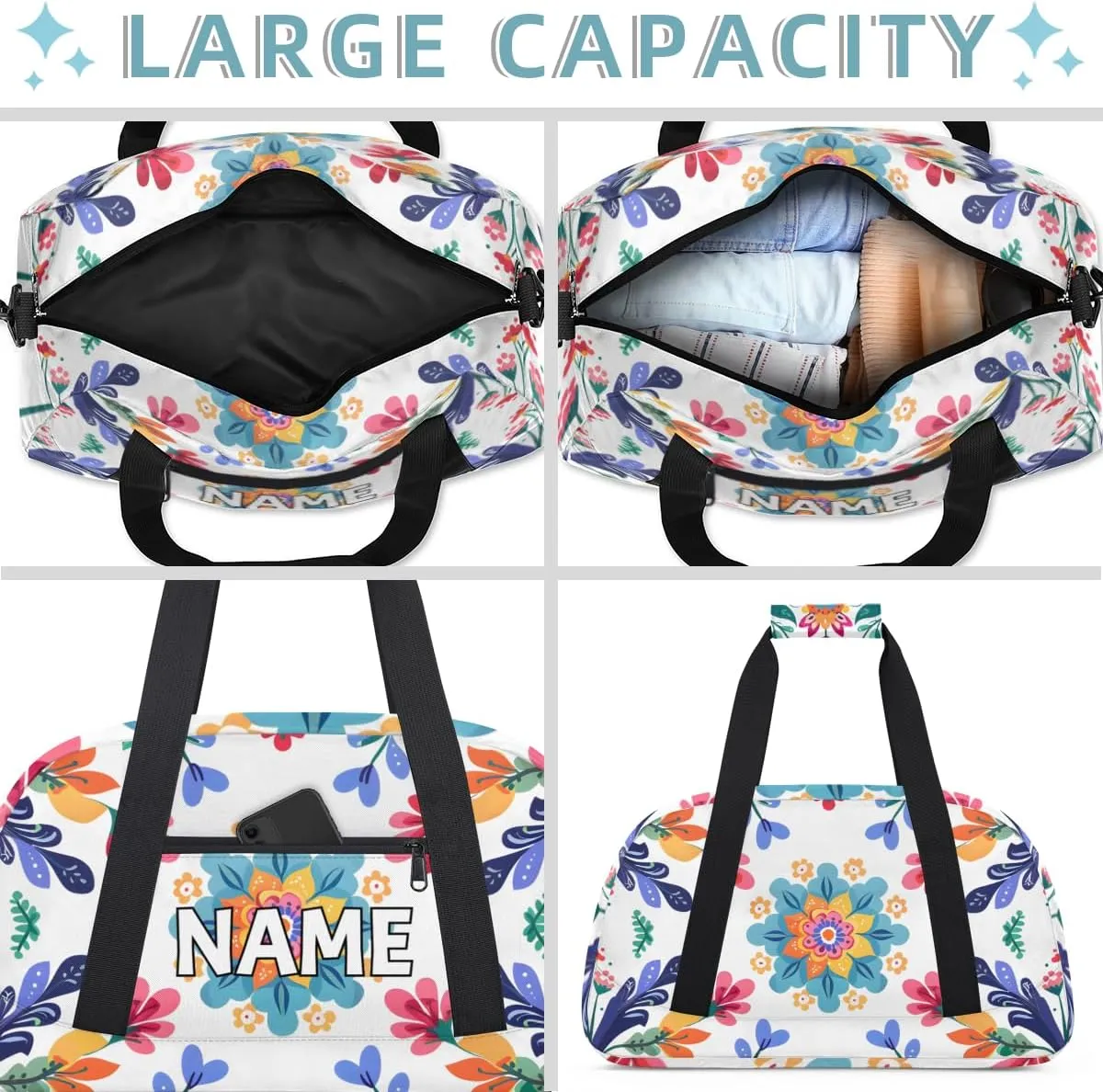 Personalized Custom Gym Bag for Women Men Carry on Colorful Floral Travel Duffel Tote Summer Flowers Overnight Workout Weekender Bag